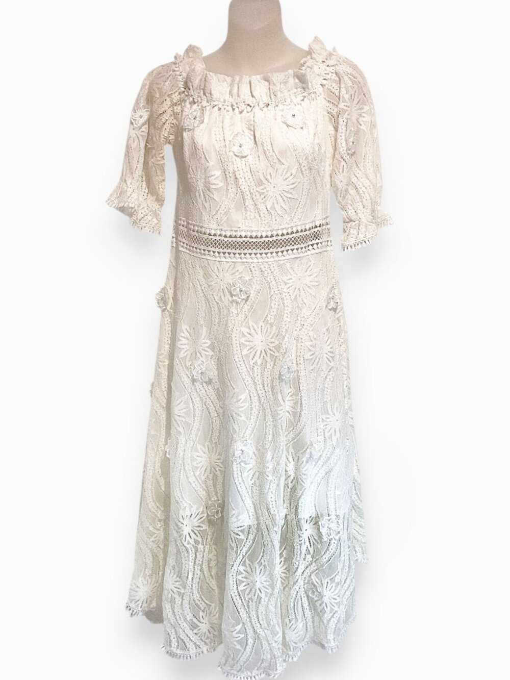 NWT Queenia Prairie Cottage core Boho Gauze Lace Maxi Dress Sz L Wedding Ivory